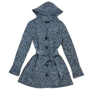 Y2K Express Gray Marled Chunky Knit Belted Hooded Cardigan Merino Wool Blend Swe